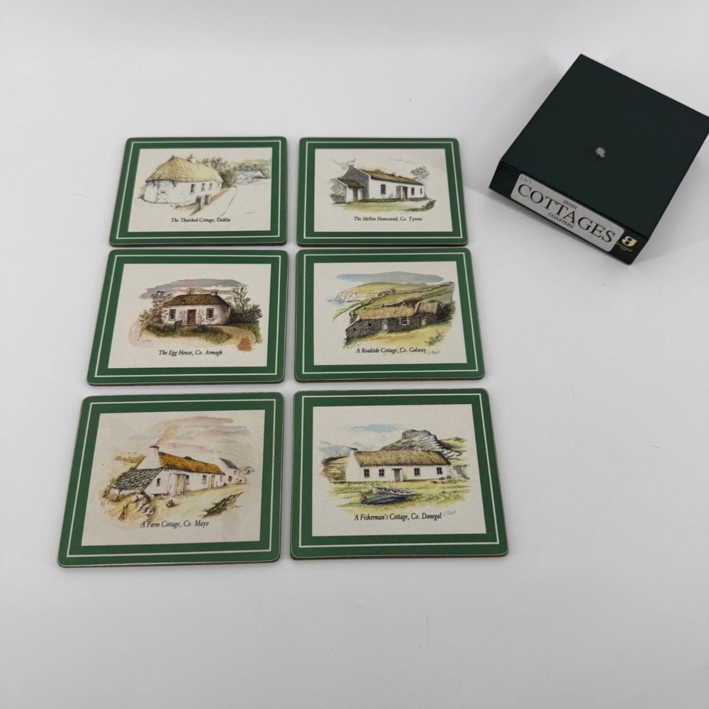 Lucan Designers Coaster Set Irish Cottage Vintage Cork Felt Green White 6pc